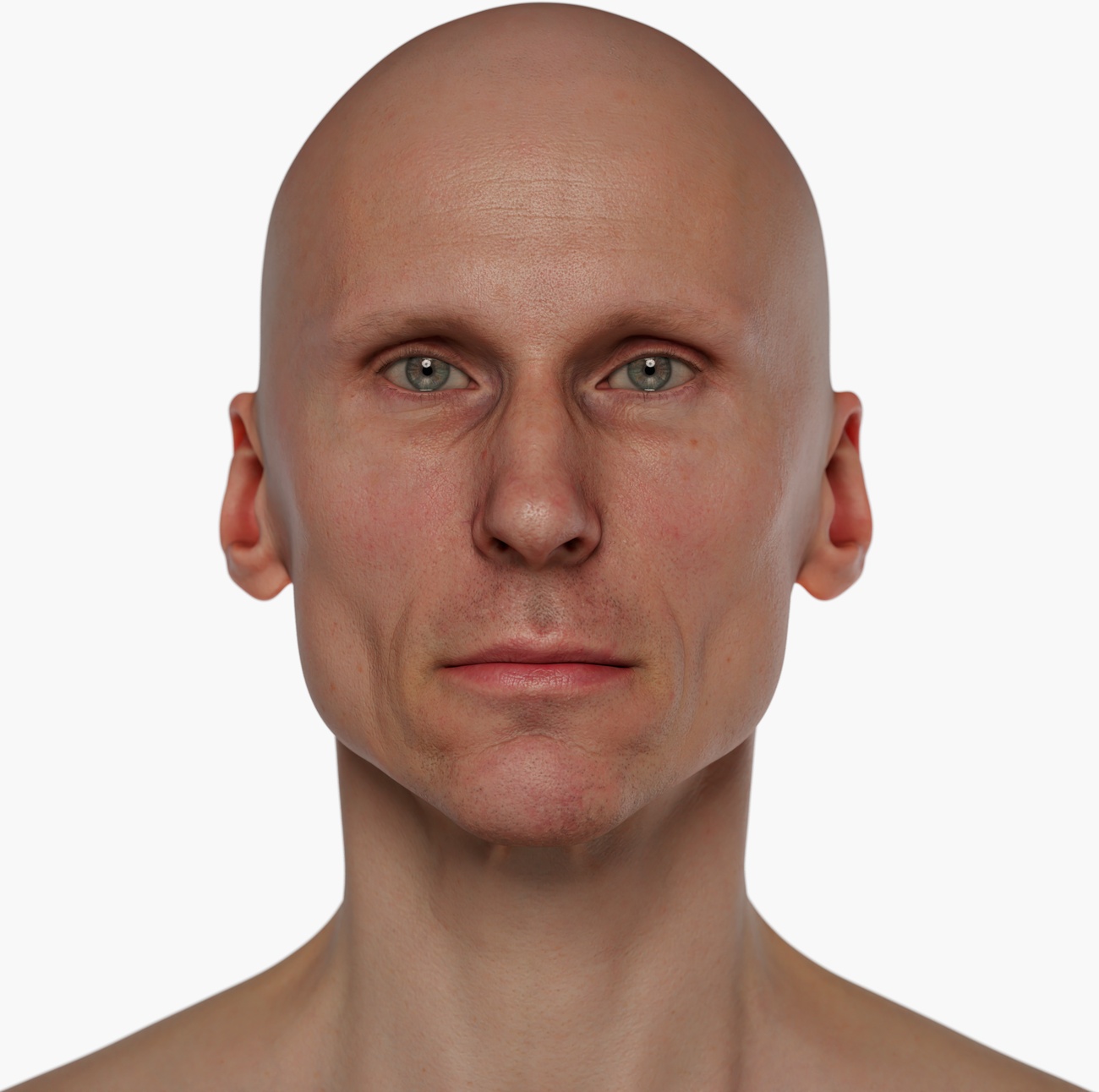 High-resolution 3D head scan render of a lean male with clean-shaven smooth skin and strong facial features
